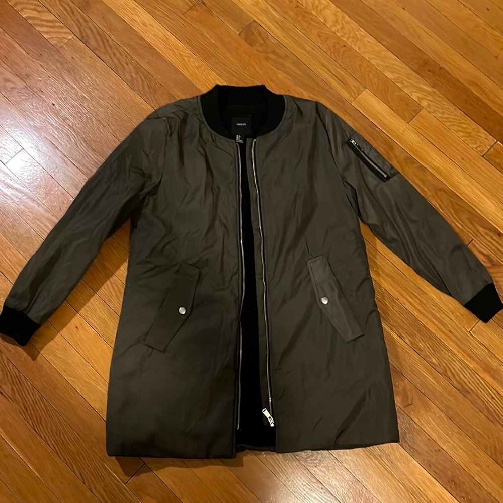Olive green black sherpa long bomber coat jacket S zip up